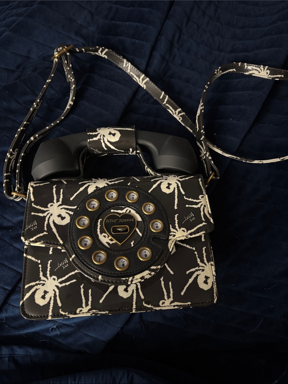 Betsey Johnson Black and Cream Spider Telephone Crossbody Bag